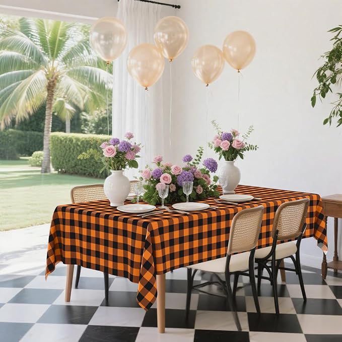 Smiry 6 Pack Gingham Disposable Table Cloth, 54 x 108 Inch Waterproof Plastic Tablecloth, Rectangle Black and Orange Checkered Table Covers for Picnic, Birthday, Party