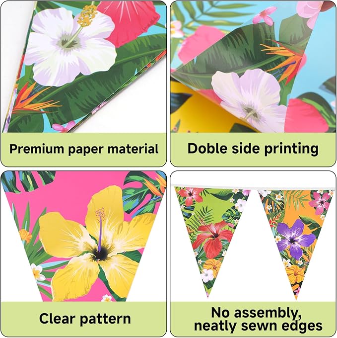 G2PLUS Hawaiian Bunting Banner, 39Ft Pre-Strung Tropical Party Banner, 4 Pack Double Sided Paper Hawaiian Floral Bunting Garland for Luau, Birthday, Baby Shower, Summer Beach Party Decorations