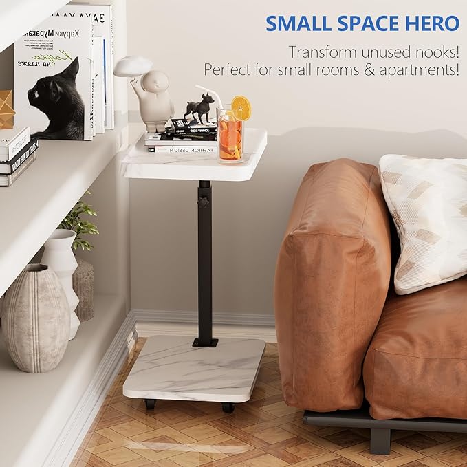Adjustable Tv Trays for Eating on Couch That Slide Under,360° Swivel C Shaped End Sofa Side Snack Table with Wheels for Living Room and Bedroom, Bed,Chair, (White Marble+Black)
