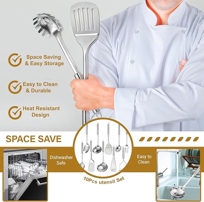 Kitchen Utensils Set, 10 PCS Stainless Steel Utensils Set for Cooking, Heat Resistant Spatula Cooking Utensils Set with Turners, Serving Spoon, Ladle, Skimmer, Pasta Fork