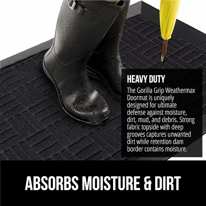 GORILLA GRIP 100% Waterproof All-Season WeatherMax Doormat 35x23, US Designed Natural Rubber, Stain and Fade Resistant, Low Profile Indoor Outdoor Door Mats, Easy Clean Patio Mat, Midnight Maze