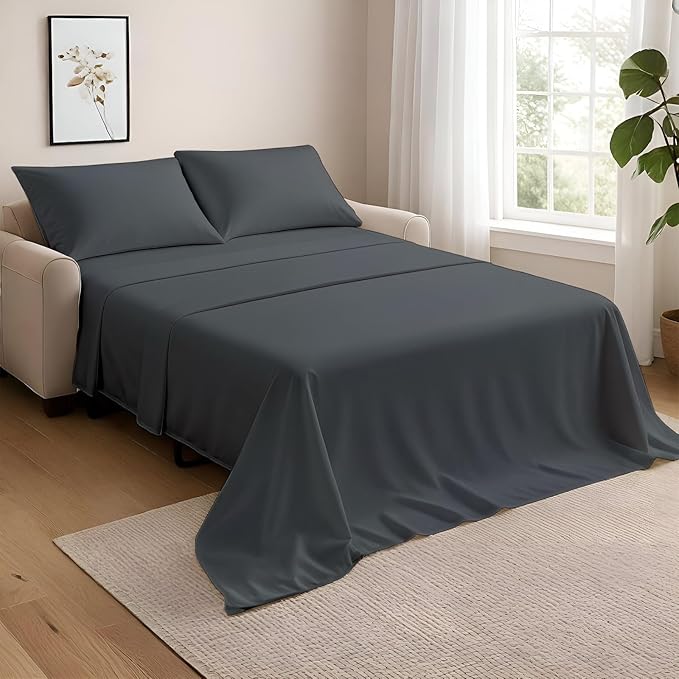NON Sticky cotton Queen Size Sleeper Sofa Sheets, 4 Piece Egyptian Cotton Bed Sheet Set for Sofa Bed, 8" Deep Pocket for Pull Out Couch Mattress, 60" x 75", Dark Grey Solid, Soft & Breathable