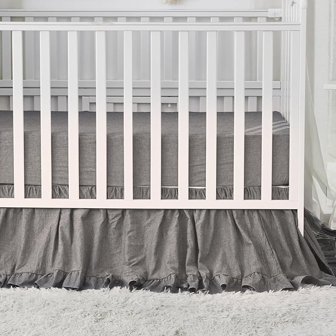 Brandream Boho Bohemian Boy Girl Baby Nursery Crib Bed Skirt Dust Ruffle - Neutral Solid Color Gray Grey Farmhouse Chic 100% Washed Cotton Ruffle - 4 Sided