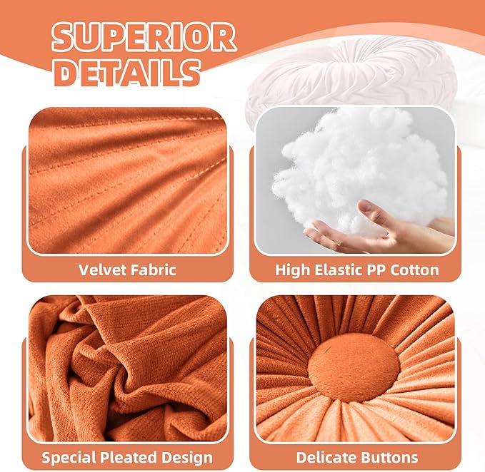 2 Pcs Round Throw Pillows Pleated Velvet Pumpkin Round Pillows Floor Cushion for Living Room Couch Chair Bed Sofa 15.7"x15.7"/13.8" x 13.8"