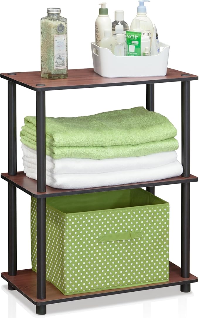 Furinno TURN-N-TUBE Storage Shelves, 3-Tier Book Shelf, Corner Shelf, Toolless Open Shelves, for Organization and Storage, Living Room, Garage, Home Office, Dark Cherry