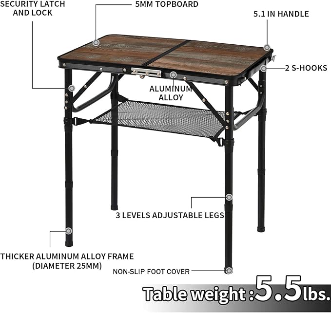 Folding Picnic Table 2ft Portable Camping Table Adjustable Heights Metal Aluminum Lightweight Foldable Small Outdoor Card Table with Carry Handle for Outside Indoor Camp Cooking BBQ Beach