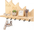 Wenqik Cat Key Holder with Shelf for Wall 11 Inch Entryway Organizer Cute Cat Decorative Pine Wood Key Rack Wall Mount with 6 Hooks and Floating Shelf for Keys Leashes Plants Natural Wood Color