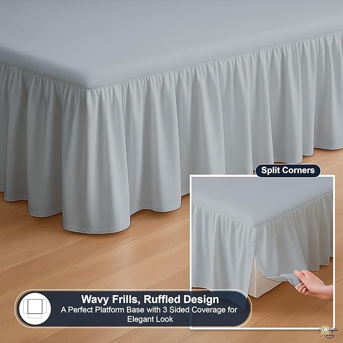 Cottington Lane Ruffled Bed Skirt Twin Size with Split Corner, Brushed Microfiber Hotel Quality Silver Grey Dust Ruffle, 24 Inch Drop Gathered Bedskirt, Soft and Stylish, Shrinkage and Fade Resistant