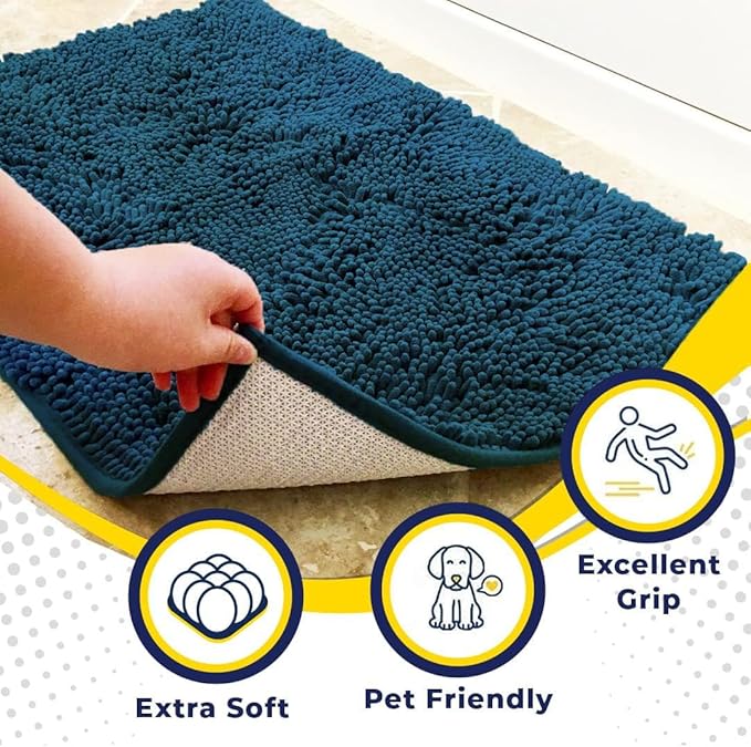 Muddy Mat® AS-SEEN-ON-TV Highly Absorbent Microfiber Door Mat and Pet Rug, Non Slip Thick Washable Area and Bath Mat Soft Chenille for Kitchen Bedroom Indoor and Outdoor - Atlantic Blue 5ft x 7ft