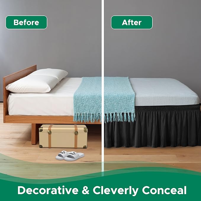 Biscaynebay Wrap Around Bed Skirts for Queen Beds with Extra Long Drop of 25", Black Adjustable Elastic Dust Ruffles Easy Fit Wrinkle Resistant Silky Luxurious Fabric Machine Washable