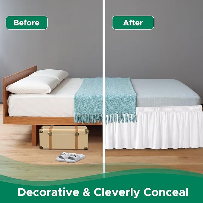 Biscaynebay Wrap Around Bed Skirts for King & Cal King Beds 16" Drop, White Adjustable Elastic Dust Ruffles Easy Fit Wrinkle & Fade Resistant Silky Luxurious Fabric Solid Machine Washable