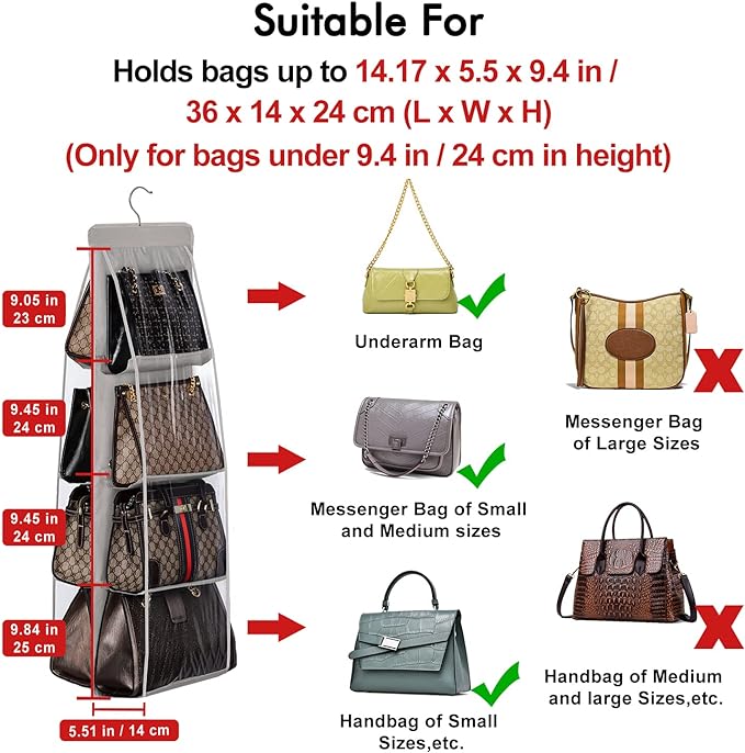 Lirex Handbag Hanging Purse Organizer for Closet, 8 Pocket Handbag Storage Organizer Hanger Oxford Cloth Closet Organizer for Family Closet Bedroom, Foldable and Universal Fit, Dark Grey
