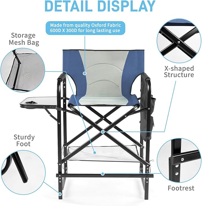 Outvita 2 Piece 26" Tall Directors Chair Height Seat Folding with Side Table Storage Bag, Support for 300Lbs Portable Makeup Artist Chair with Bar Height(Blue/Grey)