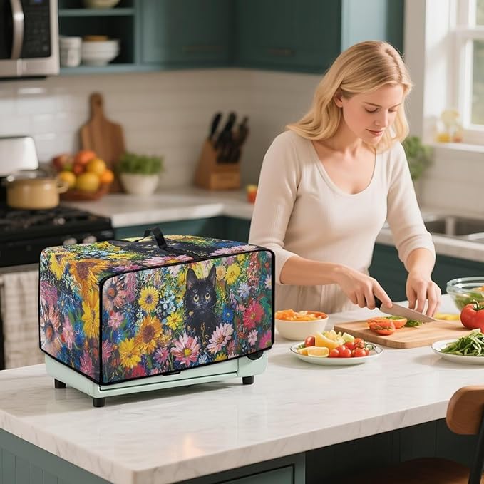 Microwave Oven Dust Cover Heavy Duty Microwave Oven Cover Waterproof Dust-Proof Kitchen Machine Covers Case Protections for Toaster Oven, Oil Painting Cat Sunflower Daisy Print, L