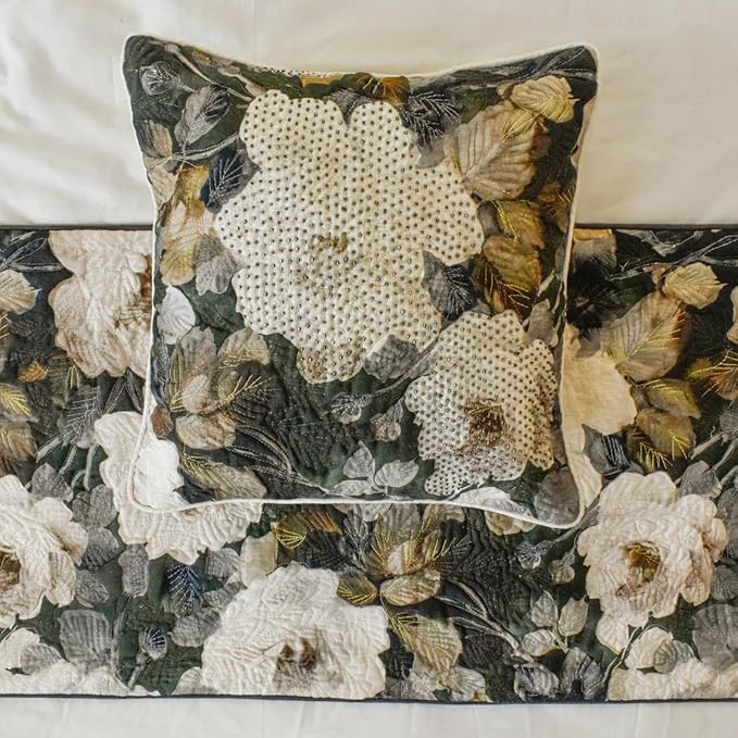 The HomeCentric King/Queen/Twin Gray & Brown Designer Full 68"x18" Bed Runner with 2 Pillow Cover, Rose, Floral & Bead Embroidery Bed Scarf on Cotton Fabric - Rada