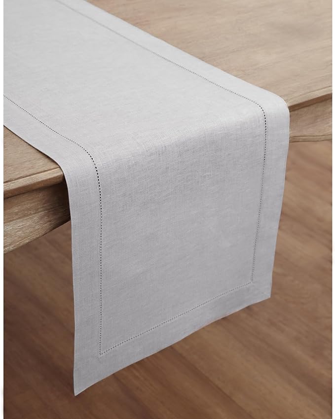 Solino Home Linen Soft Grey Table Runner 72 Inches Long - 100% Pure Linen Hemstitch Table Runner 14 x 72 Inch for Dresser, Dining, Christmas, New Year - Classic Hemstitch