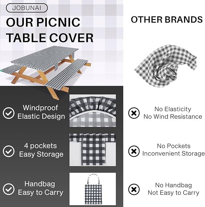 3 Piece Fitted Elastic Picnic Table Cover with Bench Covers 96x30 Inch Weather Proof Outdoor Table Cloth Summer Motorhome Patio Vacation Things White Elephant Gifts for Her Who Have Everything