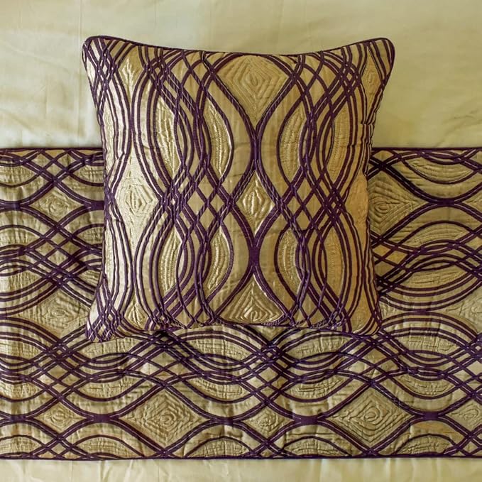 The HomeCentric King/Queen/Twin Plum Designer Queen 74"x18" Bed Runner with 2 Pillow Cover, Quilted Bed Scarf on Jacquard Fabric - Plum Swirls