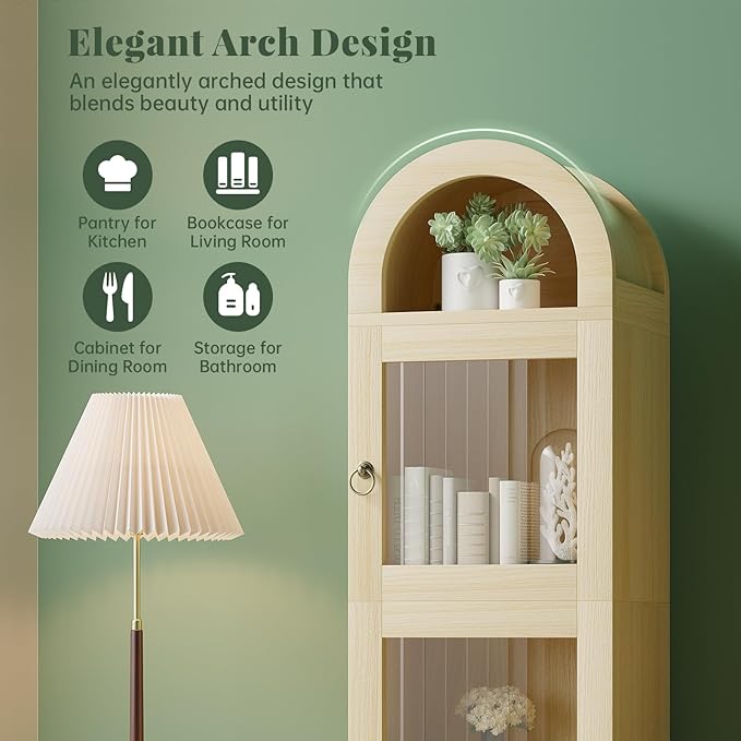 71" Tall Arched Cabinet with Acrylic Door, Modern Curio Arched Bookcase W/Drawer