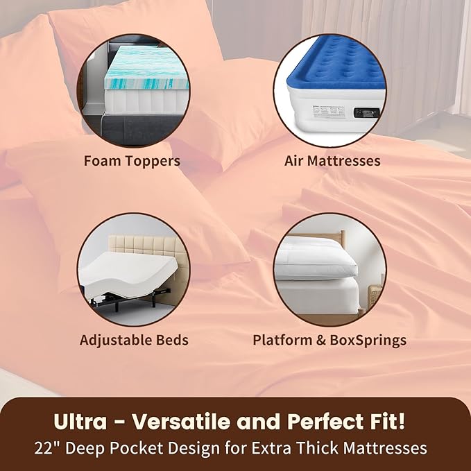 100% Linen Sheet Set Queen Size Extra Deep Pocket Fits 18-24 Inch Mattress, Breathable & Soft, Smooth 6-Piece Set for Thick Mattresses Hotel Luxury Bedding（Queen, Orange）