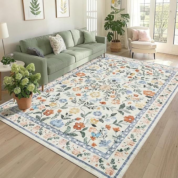 GarveeHome Large Washable Area Rug 10 x 13 for Living Room, Non-Slip Soft Vintage Rug, Low Pile Farmhouse Floral Carpet, Non-Shedding Foldable Printed Rugs for Bedroom, Green