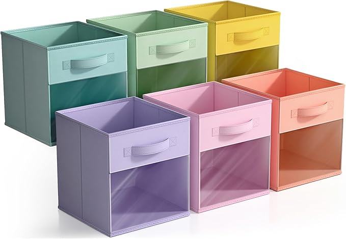 Sorbus 11 Inch Storage Bins with Clear Window - 6 Foldable Baskets for Organizing Clothes, Toys, Books - Sturdy Collapsible Fabric Storage Cubes with Handle - Storage Baskets for Shelves, Closets