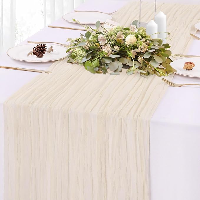 Cream Cheesecloth Table Runner 13.3FT Rustic Sheer Gauze Table Runners 157 Inch Boho Cheese Cloth Table Decorations for Wedding Party Bridal Baby Shower Birthday Home Decor