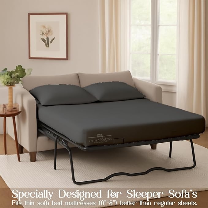 Sleeper Sofa 4 Piece Bed Sheet Set Premium Quality 100% Cotton 500 Thread Count, Smooth & Super Soft Sateen Weave, Extra Soft Bed Sheets, Wrinkle Free, 8 Inch Deep Pocket (Full, Dark Grey)