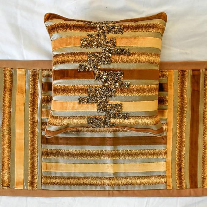 The HomeCentric King/Queen/Twin Gold & Brown Decorative CA King 86"x18" Bed Runner with One Pillow Cover, Striped, Beadwork & Handmade Bed Scarf on Velvet Fabric - Streamlined