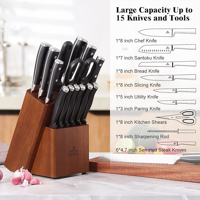 ENOKING 15 Slots Universal Knife Block, Acacia Wood Knife Block without Knives, Knife Holder for Kitchen Counter- Wider Angled Openings for Keeping Knives Sharp