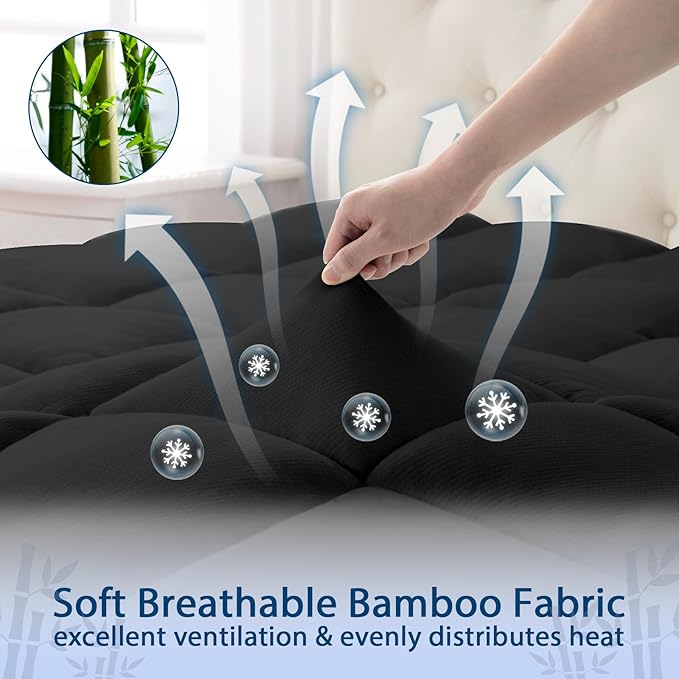 ELEMUSE King Black Cooling Bamboo Viscose Mattress Topper for Back Pain, Extra Thick Mattress Pad Cover, Plush Soft Pillowtop with Elastic Deep Pocket, Overfilled Down Alternative Filling
