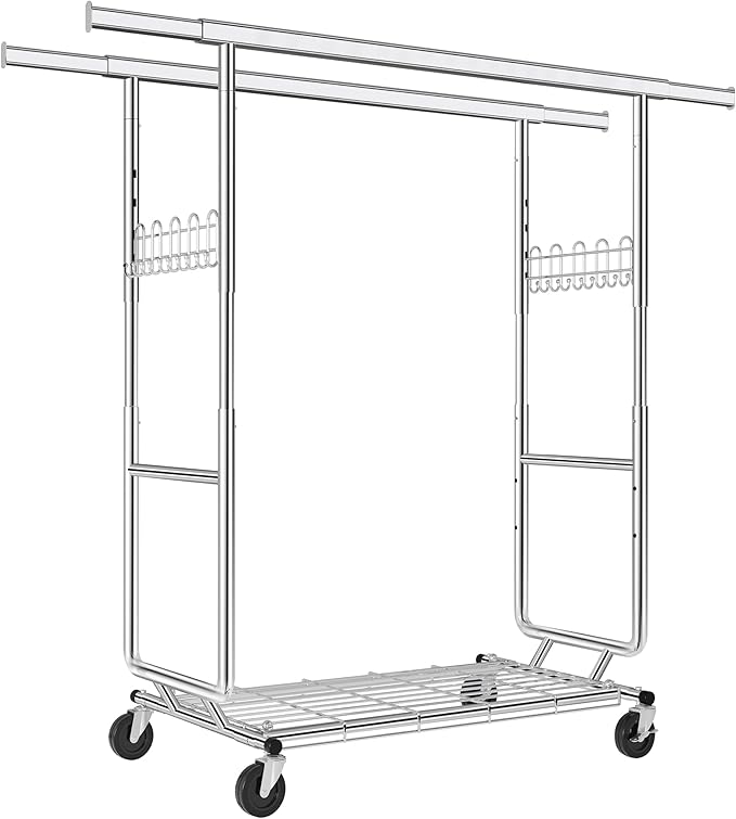 FAVOOSTY Heavy Duty Clothes Rack for Hanging Clothes Double Rods, Rolling & Extending Clothing Rack with Wheels, Garment Coat Rack Freestanding, Portable Clothes Rack, Sliver