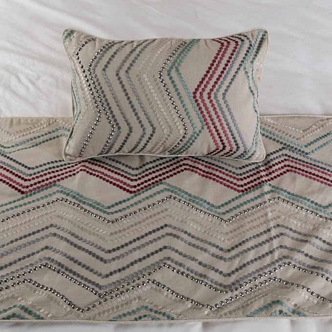 The HomeCentric King Queen Twin Beige Linen Bed Runner & Decorative Throw Pillow Cover, Queen Size 74"x18" Bed Runner & Pillow Cover, Linen & Embroidery, Chevron Modern Pattern - Dotty Chevron