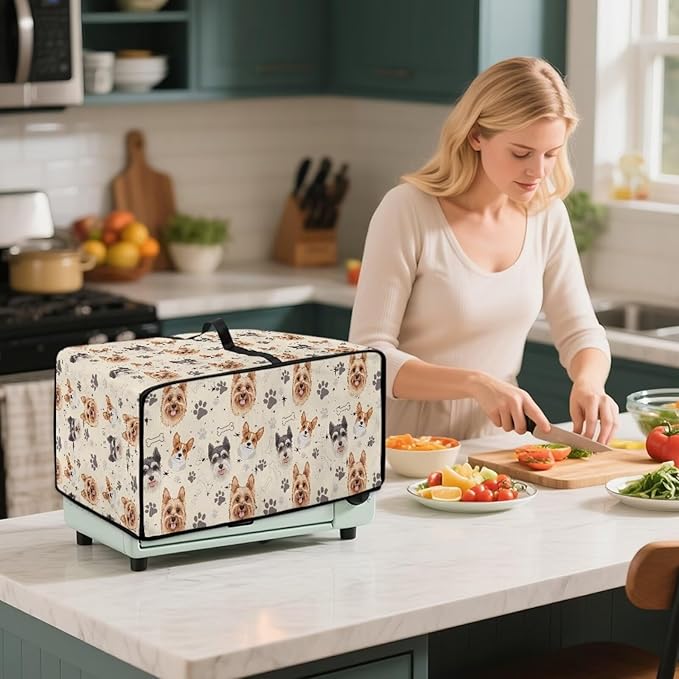 Air Fryer Toaster Oven Dust Cover Washable Fabric Convection Oven Protector with Storage Pockets, L, Yorkshire Terrier Schnauzer Dog Bone Paw Beige Puppy Pattern