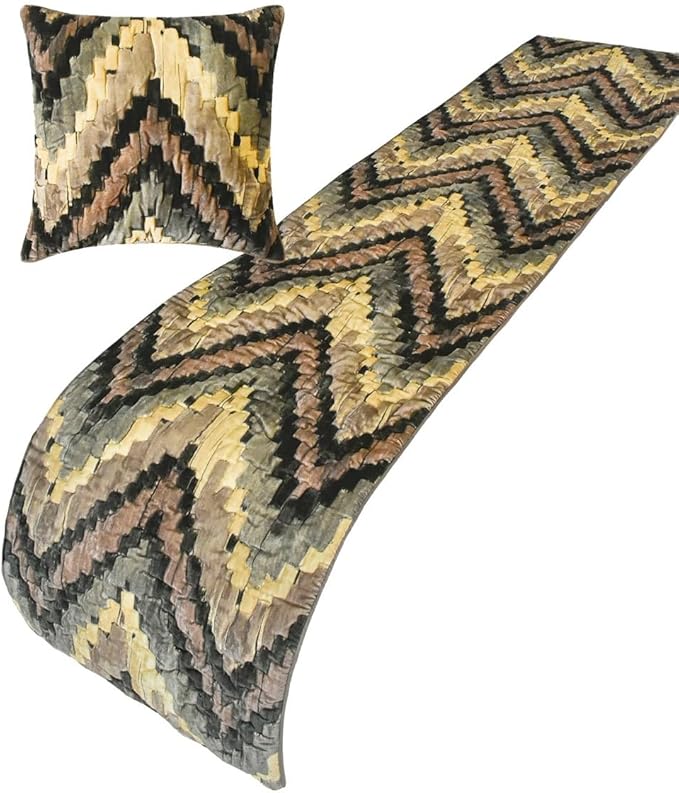 The HomeCentric King/Queen/Twin Beige Decorative Full 68"x18" Bed Runner Without Pillow Cover, Abstract, Chevron, Quilted Bed Scarf on Suede Velvet Fabric - Paramount