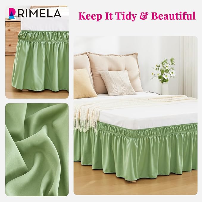 RIMELA Light Green Bed Skirt King Size 15 Inch Drop, Elastic Bed Skirting, Bedding Dust Ruffle Easy to Install, Lightweight Wrap Around Adjustable Bedskirt, Bedroom Decor