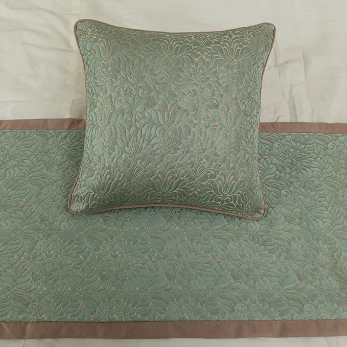 The HomeCentric King/Queen/Twin Blue & Beige Decorative Queen 74"x18" Bed Runner with Pillow Cover, Damask Bed Scarf on Jacquard Fabric - Arabella