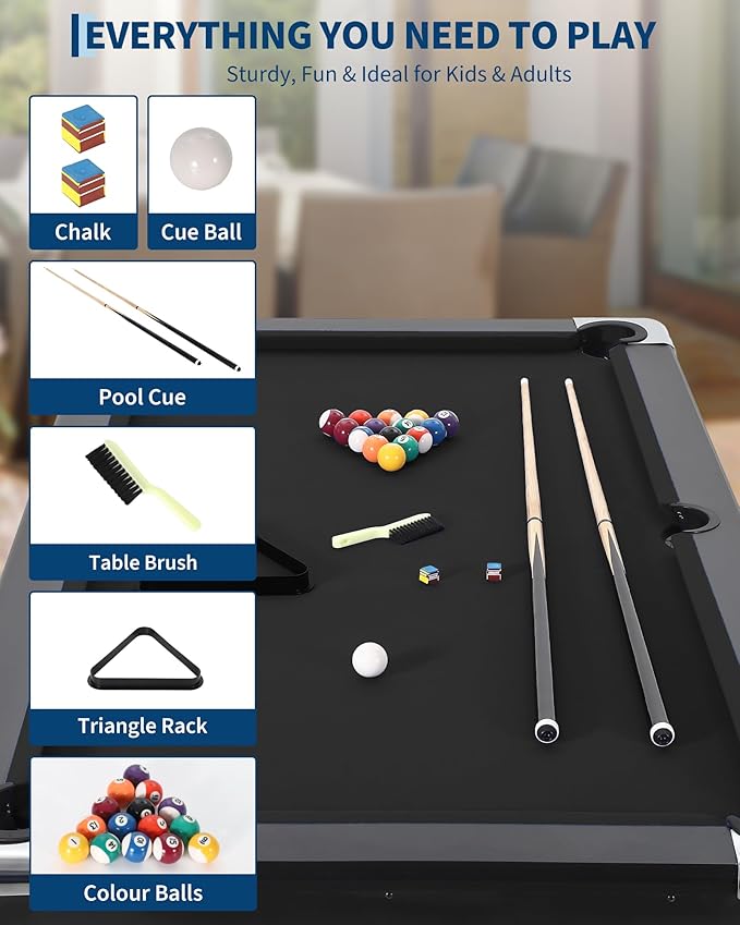 7 Foot Pool Table for Family, Foldable No Assembly Pool Table with Balls, Cues, Chalk, Rack & Brush, Portable Billiards Game Table for Apartment, Basement, Office & Game Room