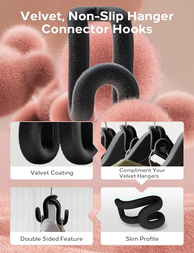 Velvet Clothes Hanger Connector Hooks[Non-Slip Velvet Coating Flocking] Hanger Hooks Space Saver Hanger Extender Hooks Hanger Clips Felt Space Saving Clothes Hanger Connector Hooks for Clothes Black