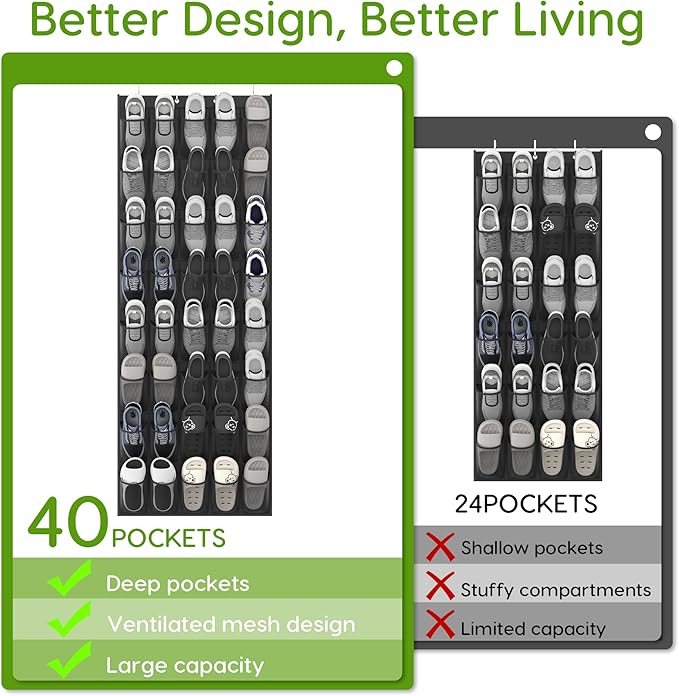 Over the Door Shoe Organizer with 40 Large Breathable Mesh Pockets, Space Saving Shoe Holder, Hanging Shoe Rack for Entryway Bedroom Closet Storage (Black, 80 Pockets)