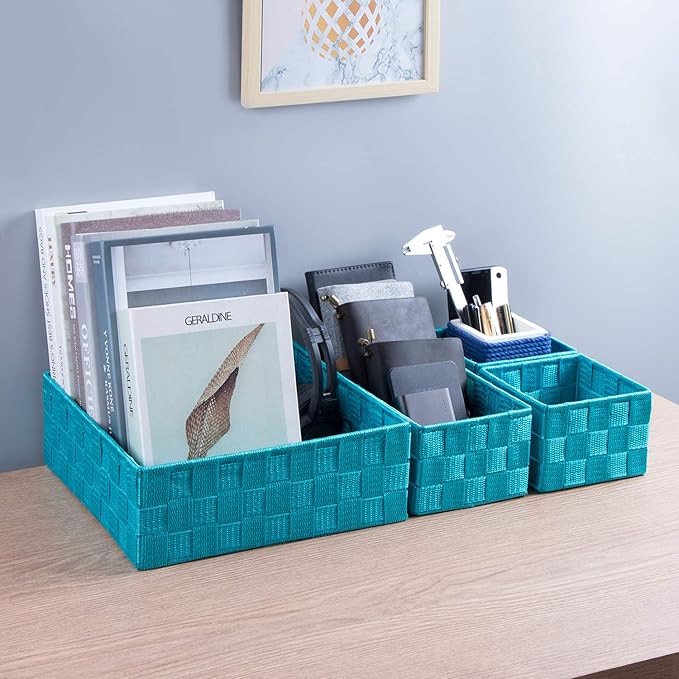 Posprica Woven Storage Baskets for Organizing, Small Black Baskets Cube Bin Container Tote Organizer Divider for Drawer, Closet, Shelf, Dresser, Set of 4(Aqua)