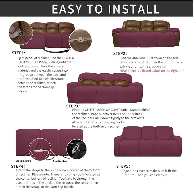 Easy-Going 8 Pieces Recliner Sofa Stretch Sofa Slipcover Sofa Cover Furniture Protector Couch Soft with Elastic Bottom Kids, Spandex Jacquard Fabric Small Checks ASH Rose