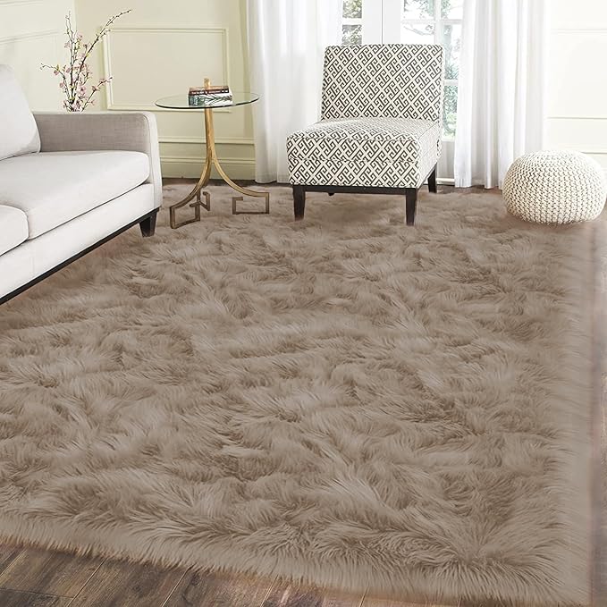 Latepis Living Room Carpet Brown Beige Large Area 6x8 Rug Washable Faux Fur Rug Fluffy Sheepskin Rugs for Bedroom Playroom Throw Rugs Home Decor Rectangle