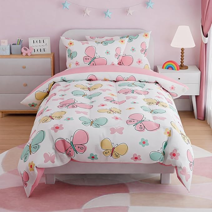 SANDJEST Butterfly Full Bedding Sets for Girls, Ultra Soft Microfiber Comforter Set with 4-Pieces, Bed Sets for Kid Tween Teen Bedroom Decor