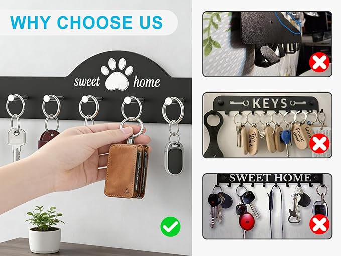 Key Holder Wall Mount with 8 Hooks & Pet Paw Design, Adhesive Metal Key Organizer Rack Hanger for Entryway, Apartment Essentials, Garage,Cute Home Decor Accessories (Pet Paw)