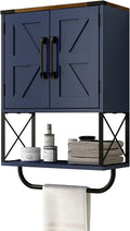 RUSTOWN Farmhouse Rustic Medicine Cabinet with Two Barn Door,Wood Wall Mounted Storage Cabinet w/Dark Brown Top & Adjustable Shelf and Towel Bar, 3-Tier Cabinet for Bathroom(Navy Blue)