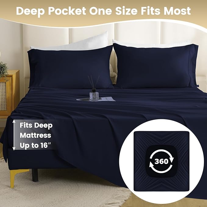Lightweight King Sheet Set - 4 Piece Silky Soft Breathable Bed Sheet & Pillowcase Set, 16" Deep Pocket Hotel Luxury Wrinkle Free Easy Care Bedding Sheets, Dark Blue