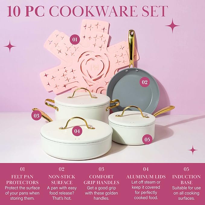 Paris Hilton Iconic Nonstick Pots and Pans Set, Multi-layer Nonstick Coating, Matching Lids With Gold Handles, Made without PFOA, Dishwasher Safe Cookware Set, 10-Piece, Cream