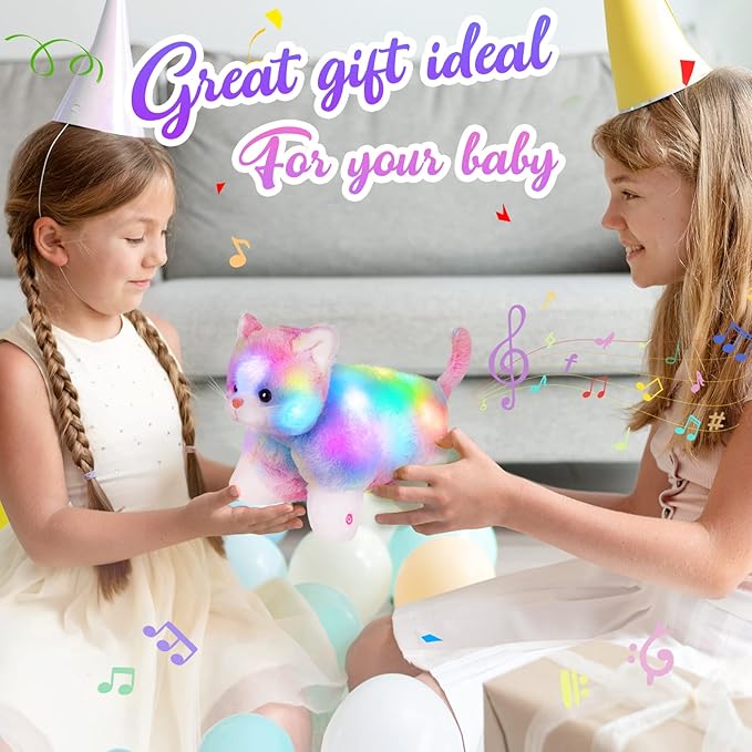 Glow Guards 16" Light Up Musical Rainbow Cat Stuffed Animal Glowing Colorful Cute Soft Kitty Plush Toy Pillow Sofa Decors Christmas Children's Day Birthday Gifts for Toddlers Kids