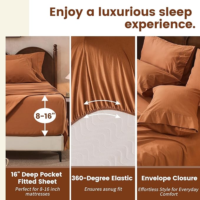 100% Linen Sheets Queen Size,Breathable & Durable 4-Piece Bed Flax Sheet Set,Soft All-Season Bedding for Hot Sleepers 16" Deep Pocket Oeko-TEX Certified,（Queen, Brown）